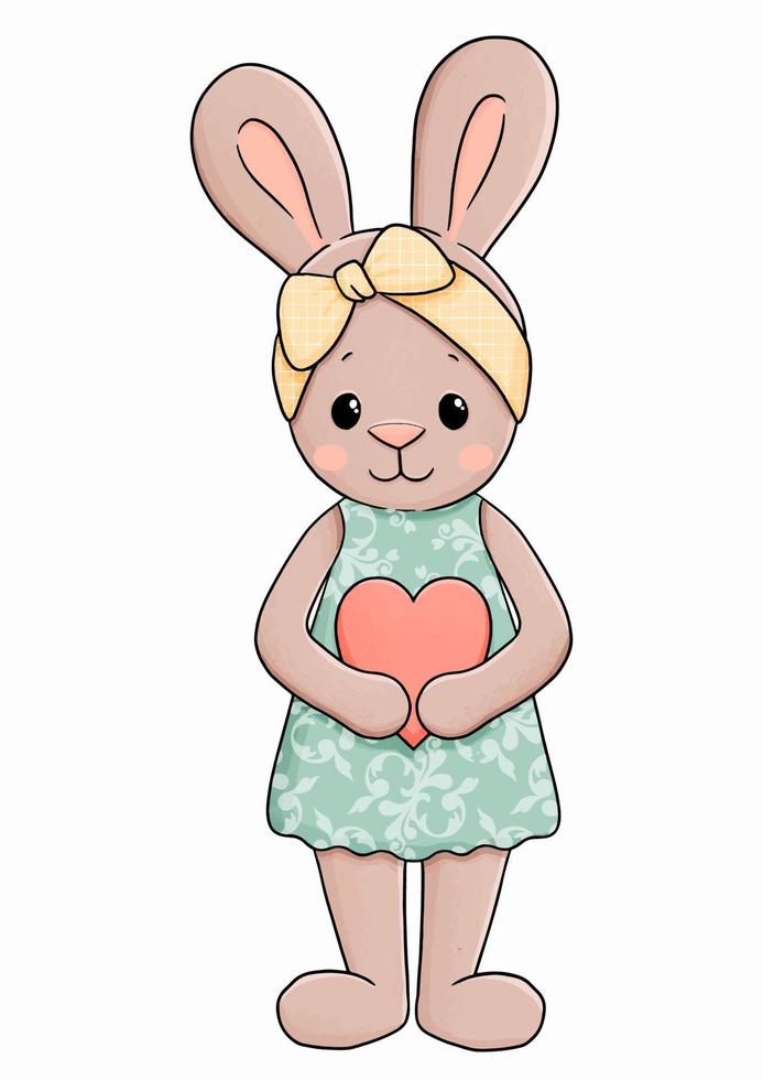 Cute little bunny in dress with heart vector illustration