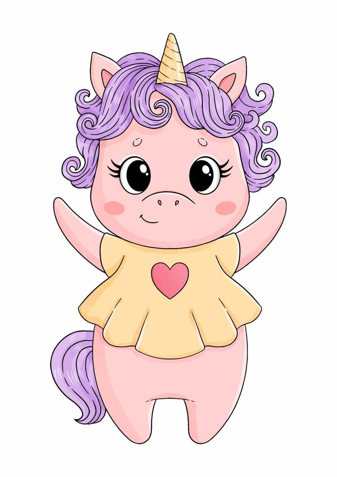 Baby unicorn in yellow t-shirt with heart vector illustration