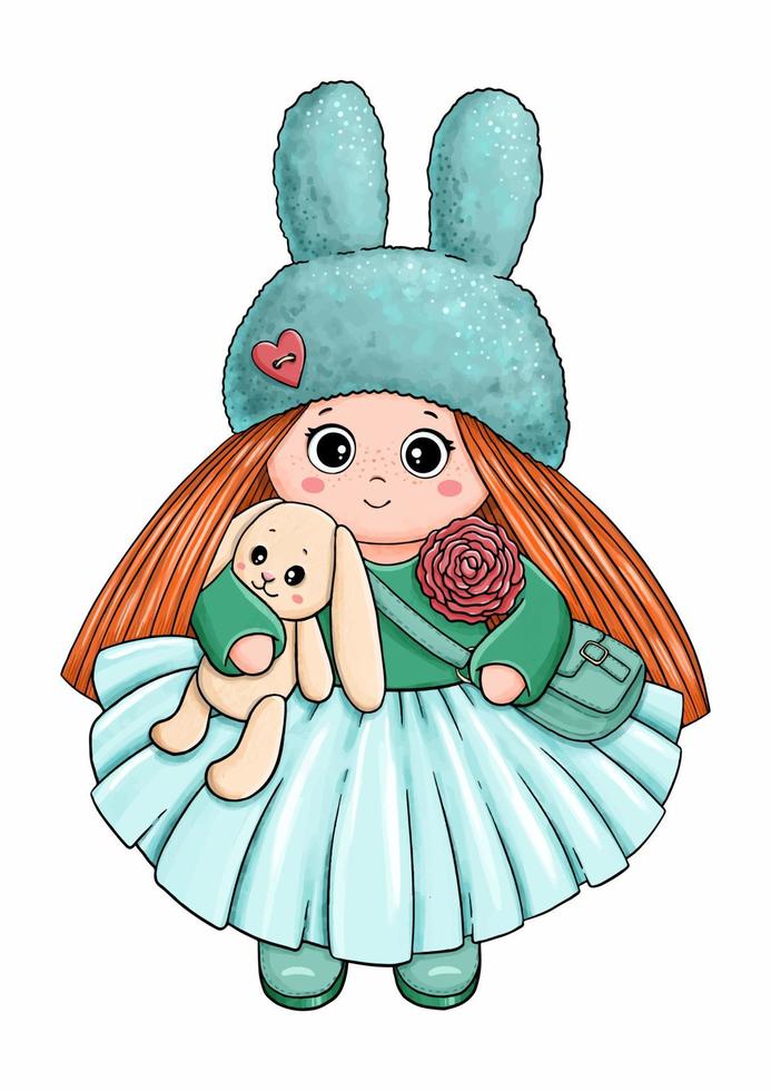Linda niña en falda con ilustración de vector de juguete de conejito