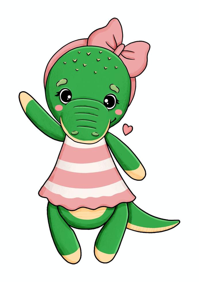 Cute little crocodile in pink dress with bow vector illustration