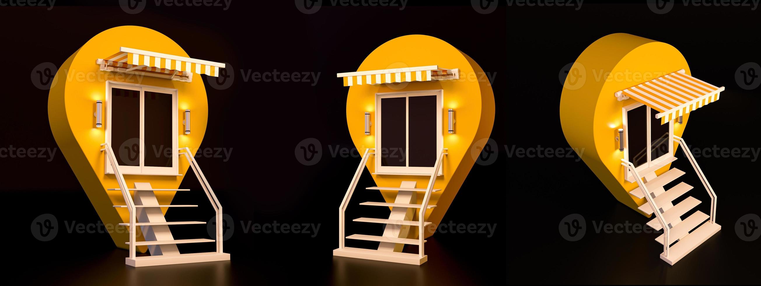 Night views New store location Creative GPS map pointer. Geolocation sign Navigation pin icon for shop, market, shopping center, grocery store, supermarket, department store. 3d illustration photo