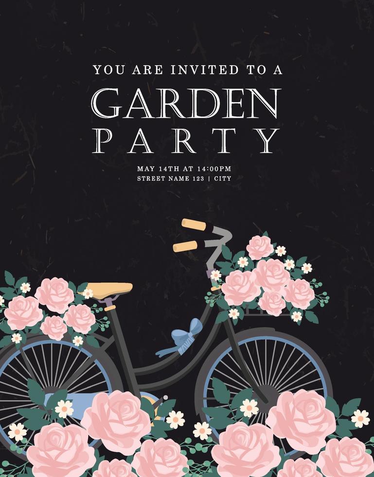 plantilla de tarjeta de invitación de fiesta bicicleta flores iconos decoración vector