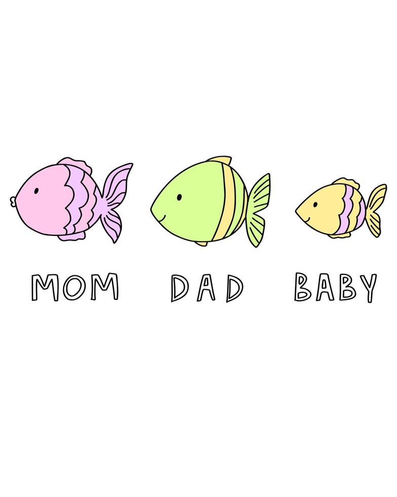 Print, banner, brochure with a cute fish family text dad mom baby isolated background. Postcard sea vector illustration.