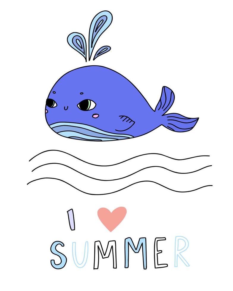 Cute whale isolated with doodle ocean. Hand drawn undersea animal I love sea text. vector