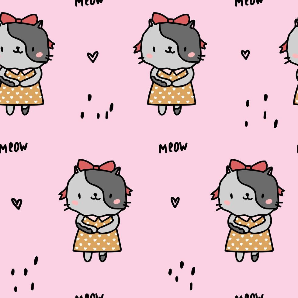 Cute pink pattern with black hearts little princess cats. Pets seamless background. Textiles for child, paper scrapbook. vector