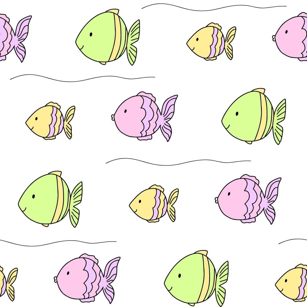 Cute fish sea pattern pastel colors line doodle. Seamless background ocean. Textiles for children. Minimalism paper scrapbook for kids, bathroom. vector