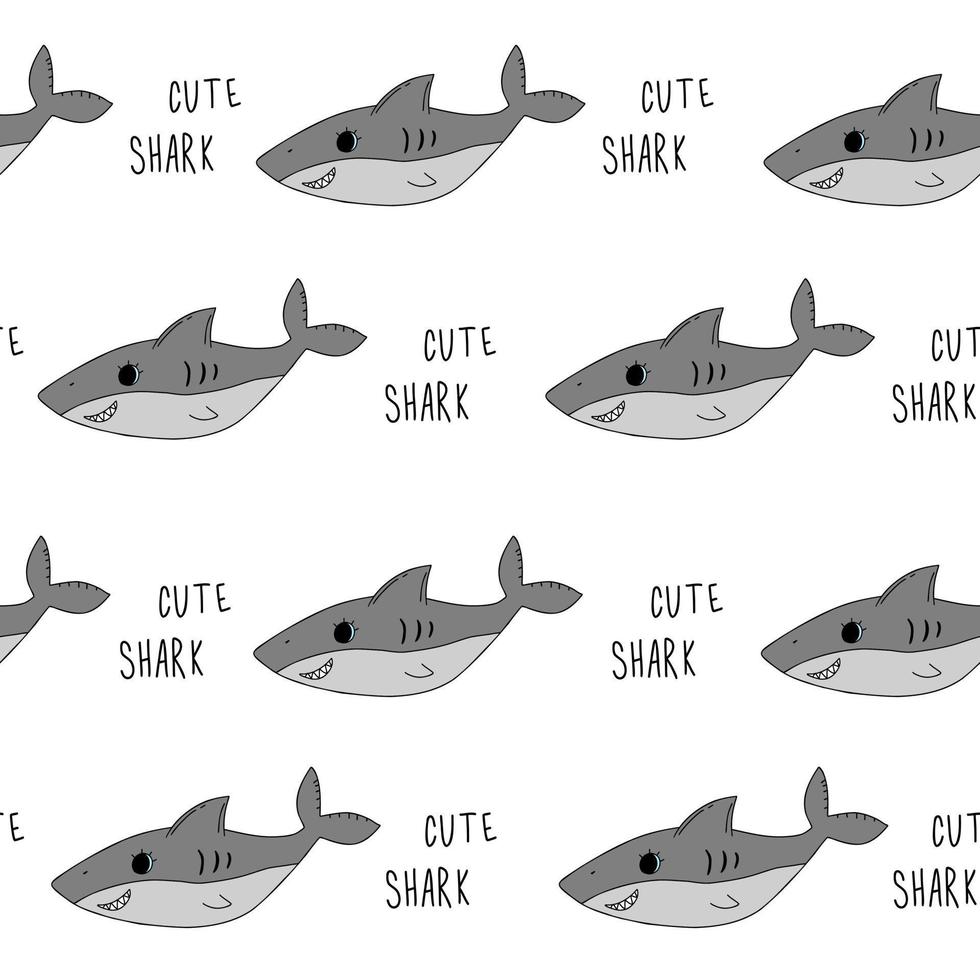 Cute doodle baby shark text white seamless pattern minimalist hand drawn. Summer texture, sea textile, children wallpaper. vector