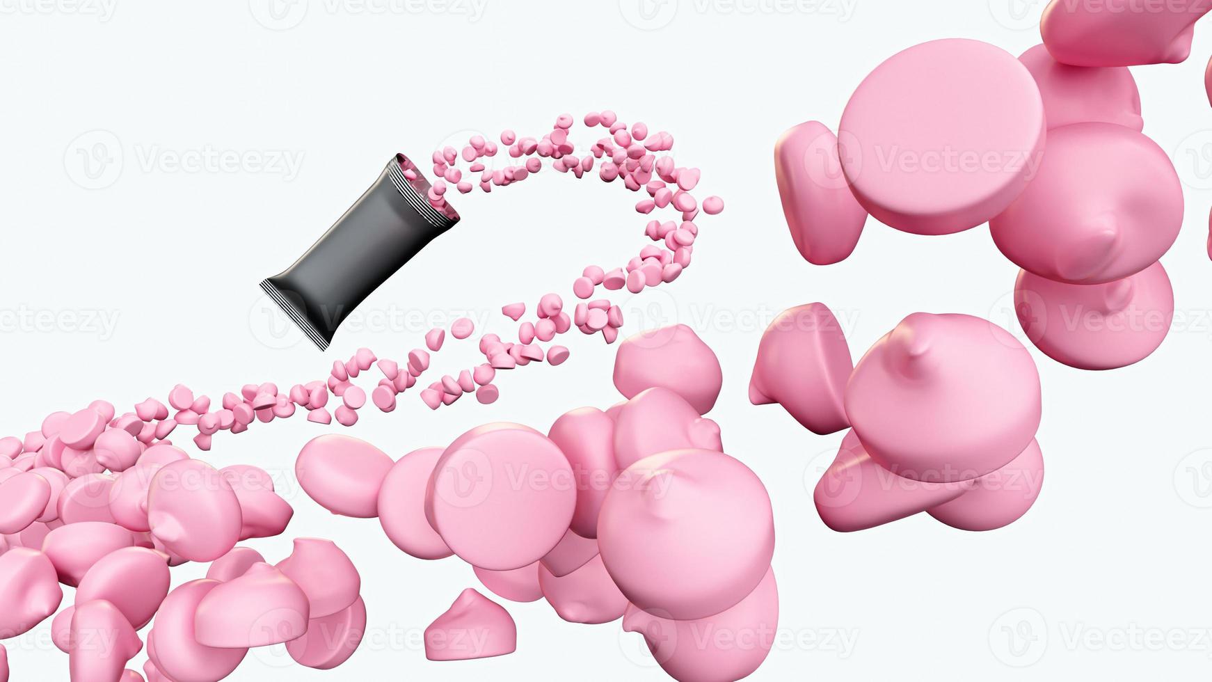 Strawberry milk chips spilling out from snack wrapper pack in 3d illustration, Pile of multiple morsels candies photo