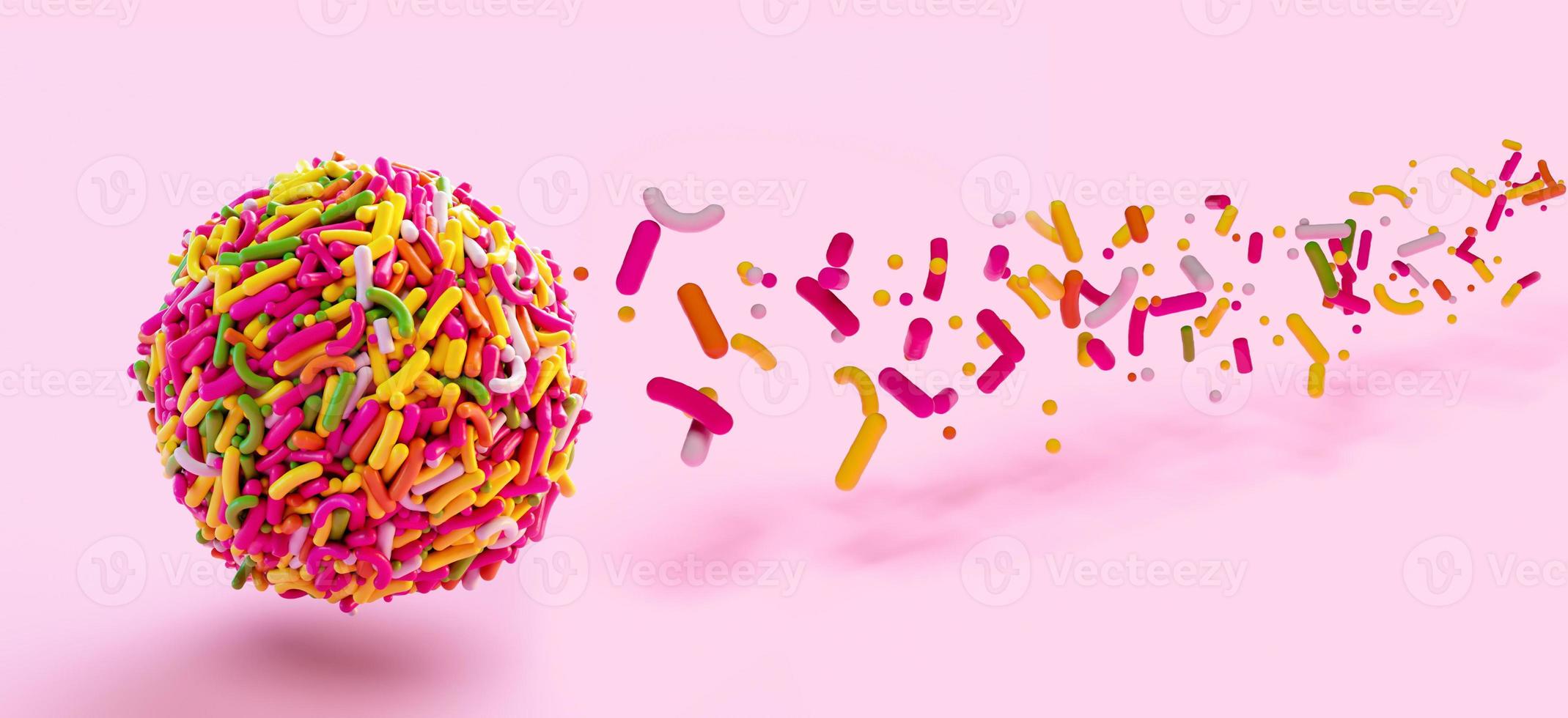 Sprinkle ball flowing with many colorful sprinkles on pink background, brazilian sweet candy, Beijinho and Brigadeiro. Common in children birthday party. Macro, close up 3d rendering 3d illustration photo