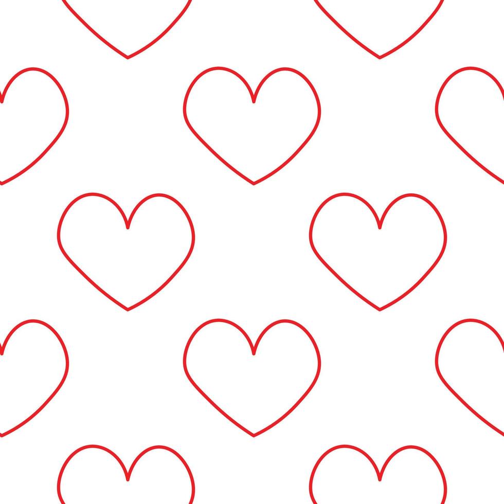 Red hearts in line style. Seamless romantic pattern. Colorful doodle hearts on white vector background. Ready template for design, postcards, print, poster, party, Valentine's day, vintage textile.