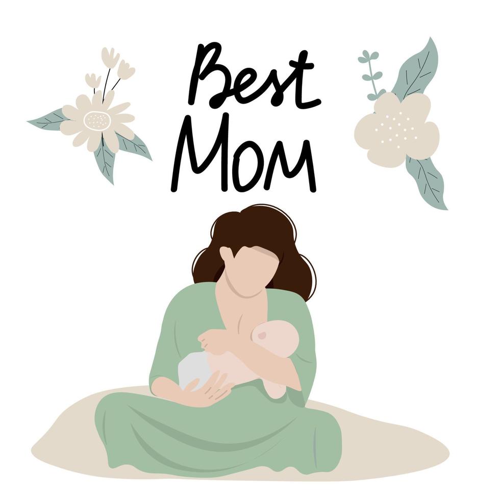 Mother feeding a baby. Breastfeeding illustration, Happy Mother's Day lettering. Perfect for card, flaer, gifts, poster, banner, birthday cards. vector
