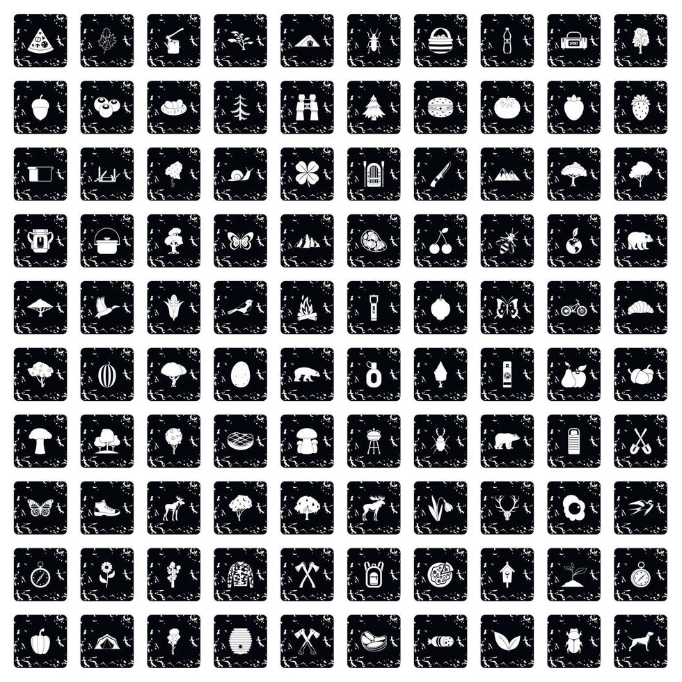 100 camping and nature icons set, grunge style vector