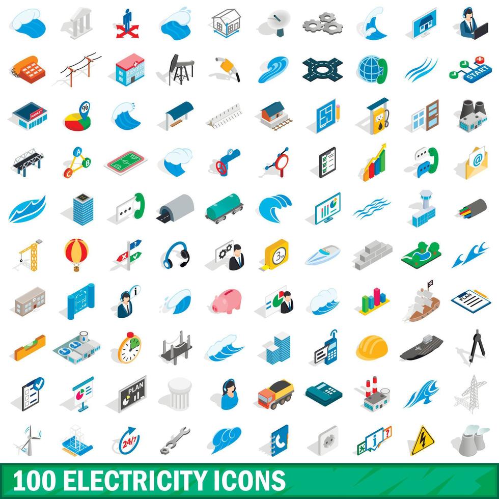 100 iconos de electricidad, estilo isométrico 3d vector