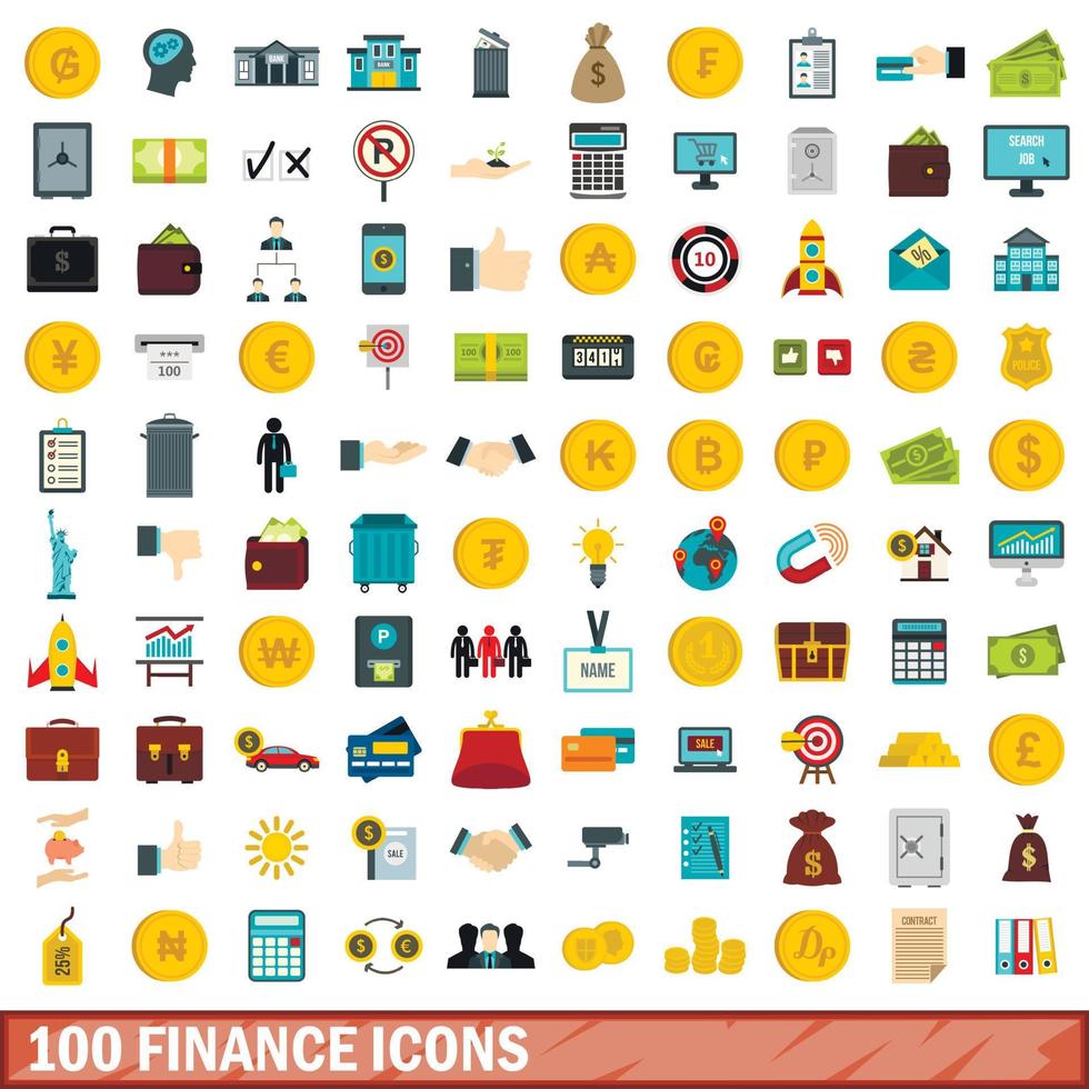 100 finance icons set, flat style vector