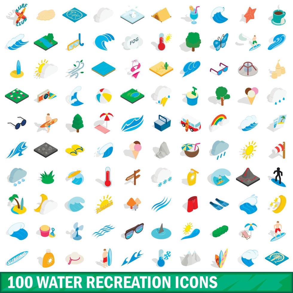 100 water recreation icons set, isometric 3d style vector