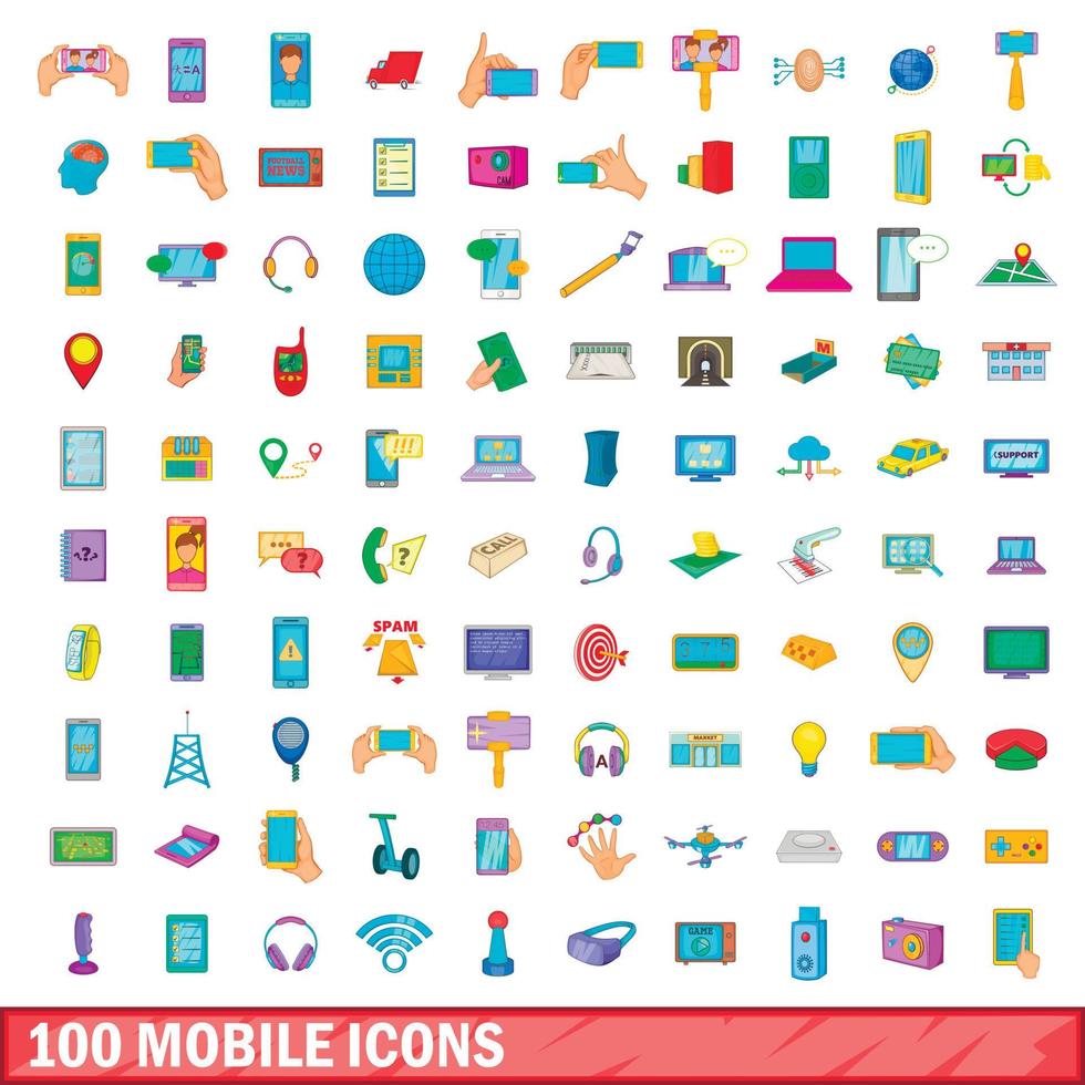 100 mobile icons set, cartoon style vector