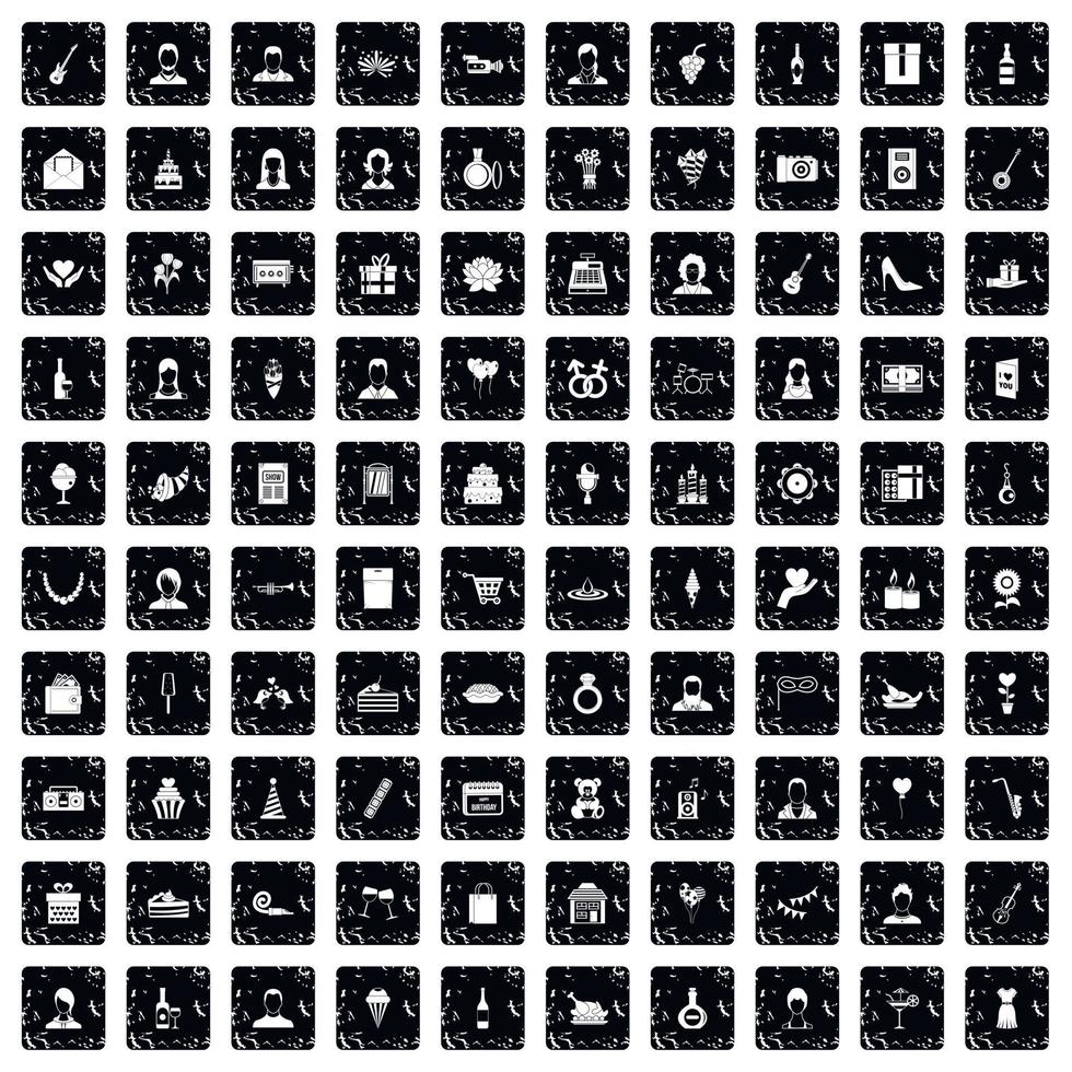 100 birthday icons set, grunge style vector