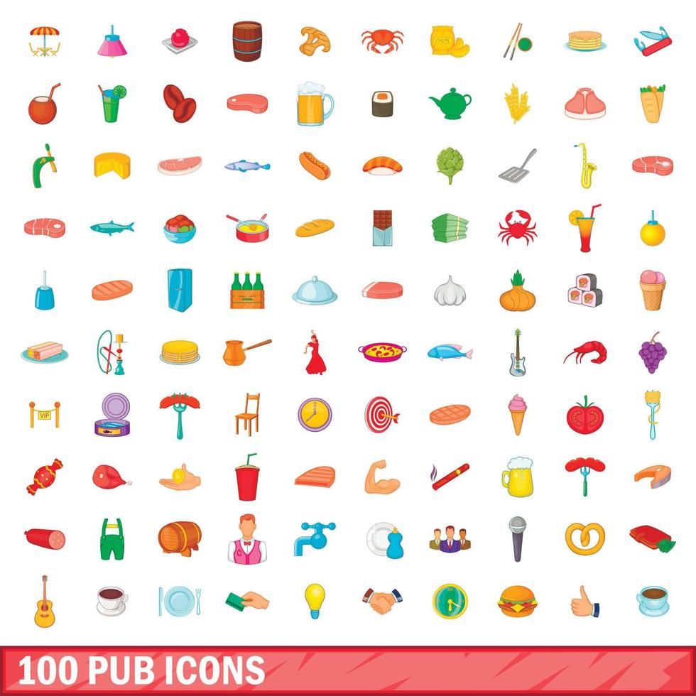 100 pub icons set, cartoon style vector