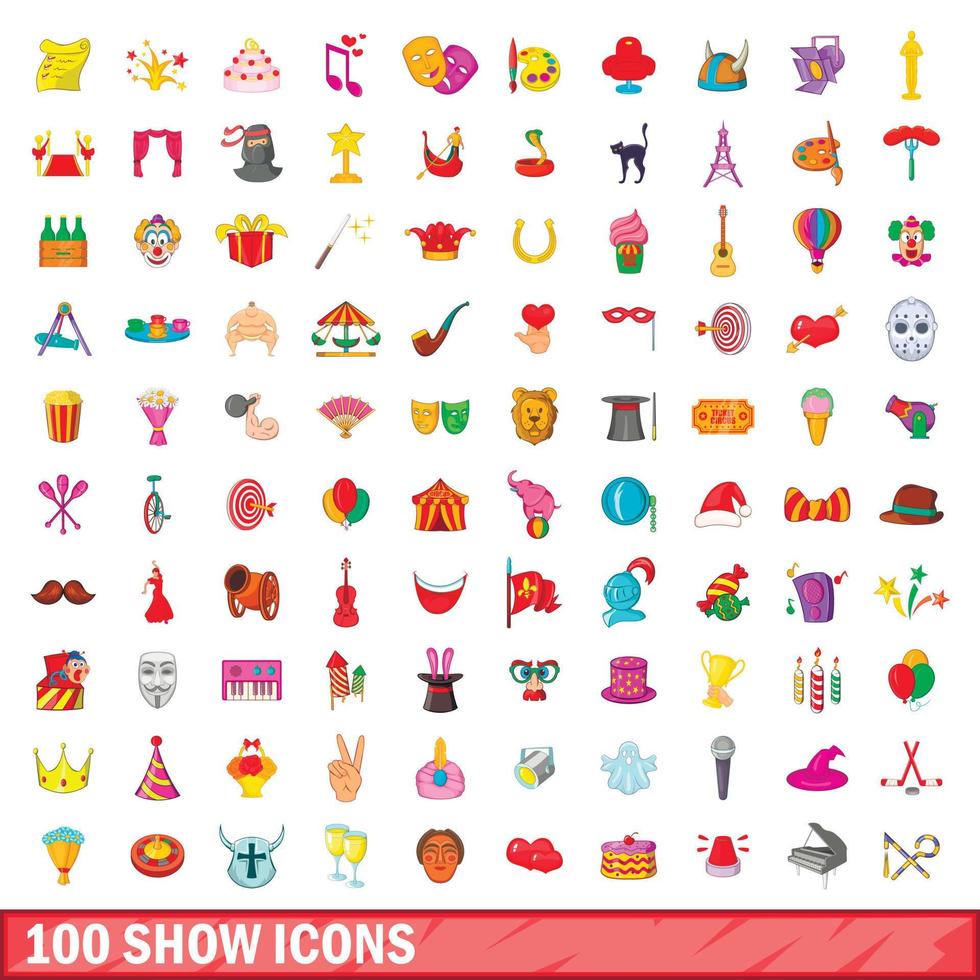 100 Mostrar conjunto de iconos, estilo de dibujos animados vector