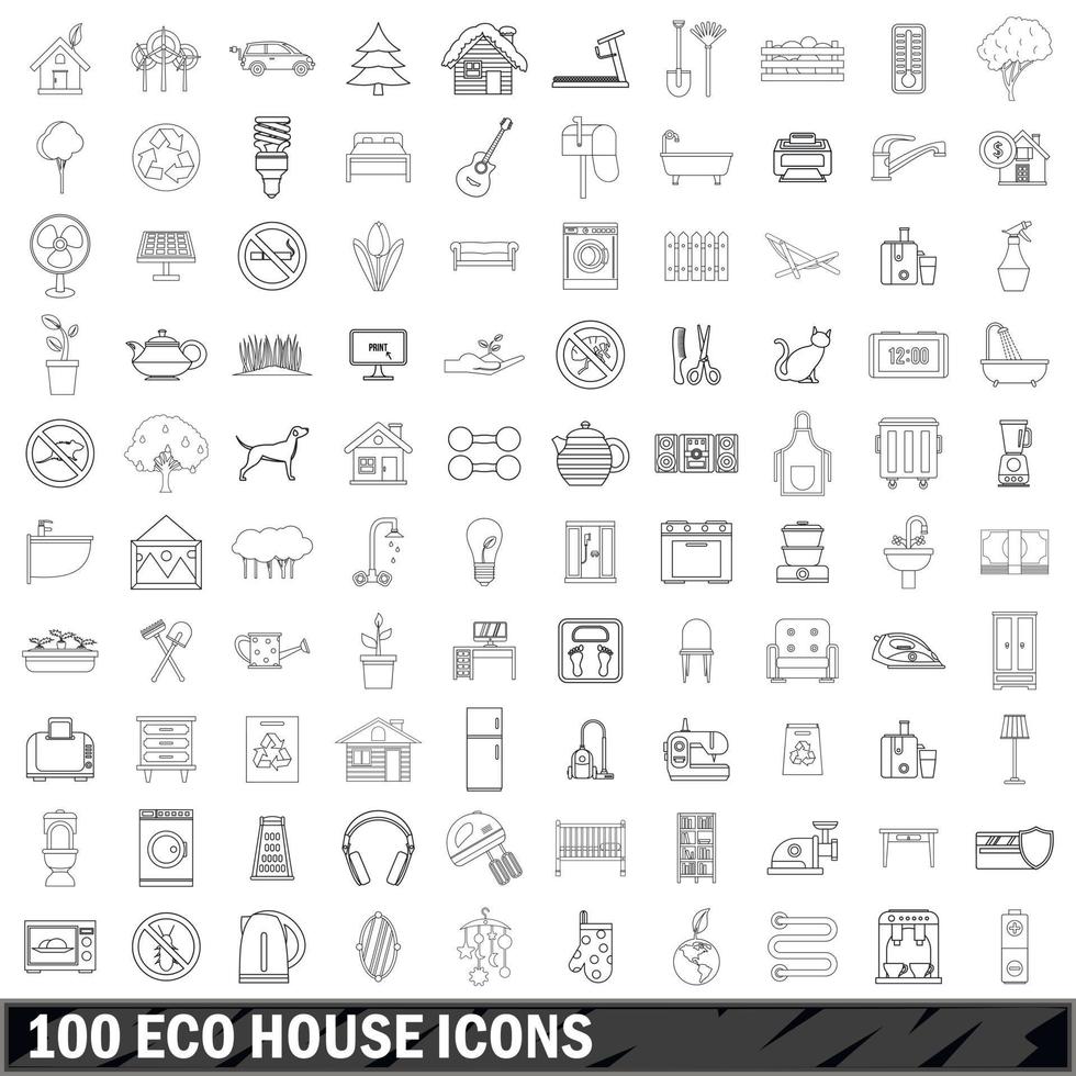 100 iconos de casa ecológica, estilo de contorno vector