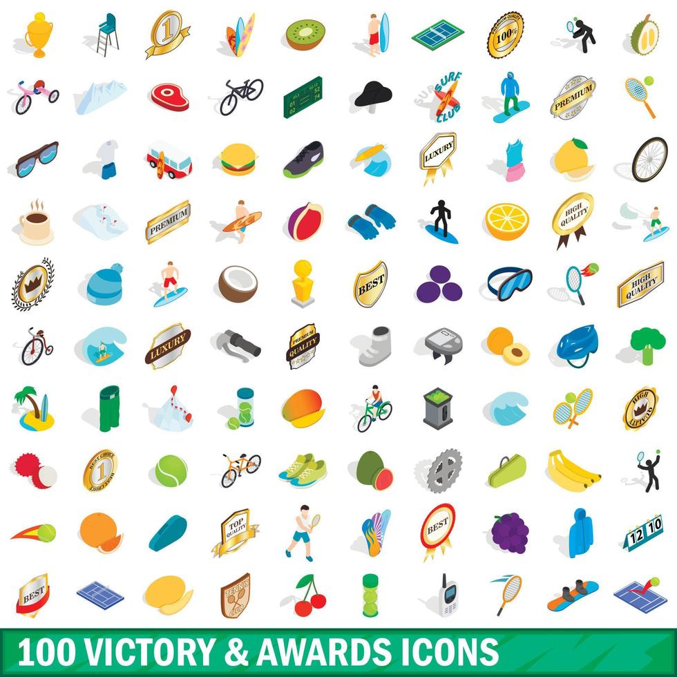 100 victory and awards icons set, isometric style vector