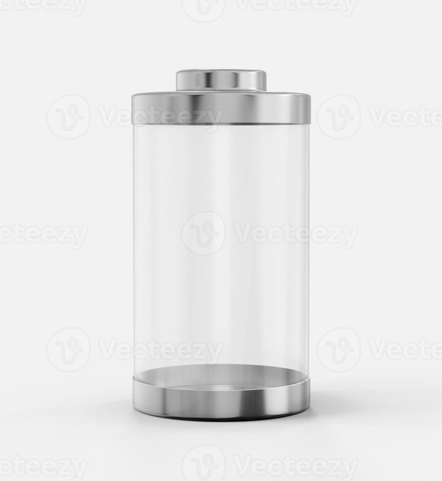 Glossy transparent battery charging glass empty battery with metal caps on white background 3d illustration photo