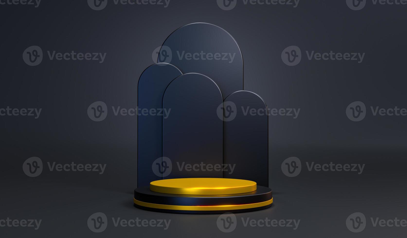Background minimalist black gold Empty cylinder podium vacant pedestal round stage showcase stand, product display platform Abstract architectural elements. Copy space. Premium design 3d renderering photo