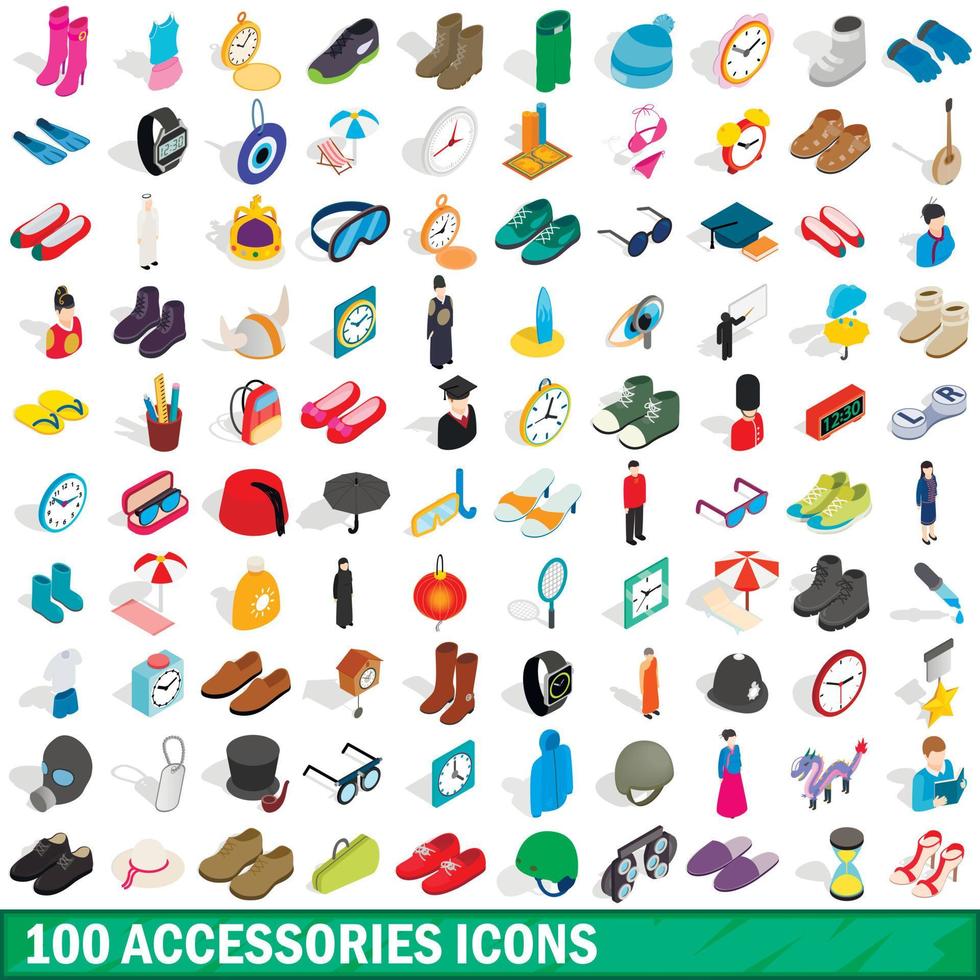 100 accessories icons set, isometric 3d style vector