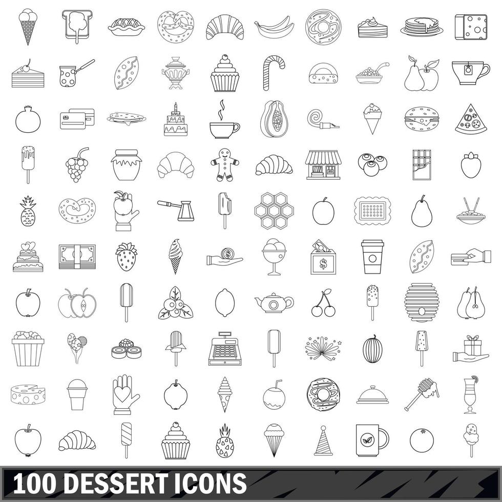 100 iconos de postre, estilo de esquema vector