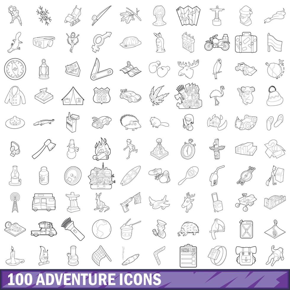 100 iconos de aventura, estilo de esquema vector