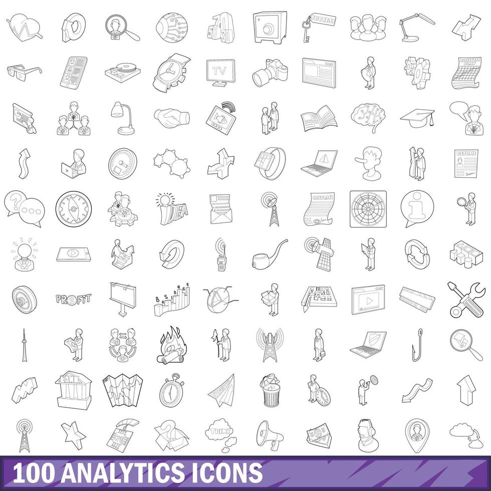 100 analytics icons set, outline style vector