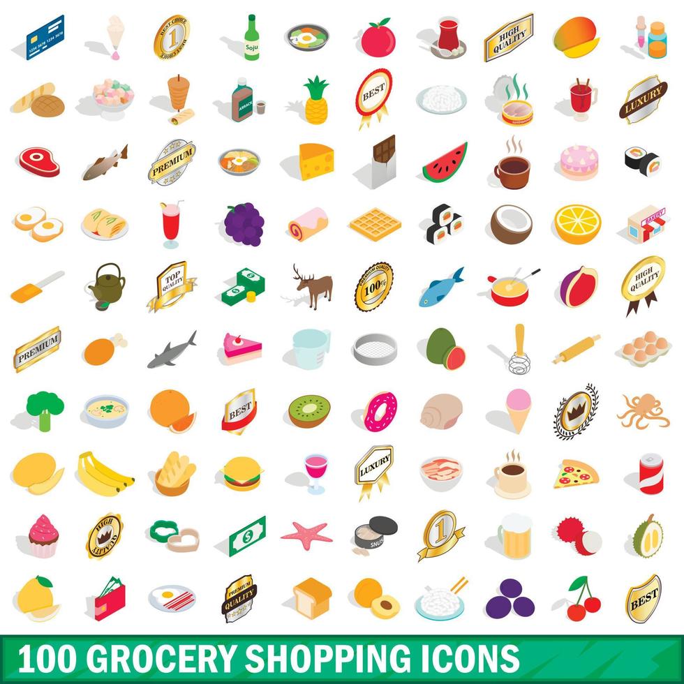 100 grocery shopping icons set, isometric 3d style vector