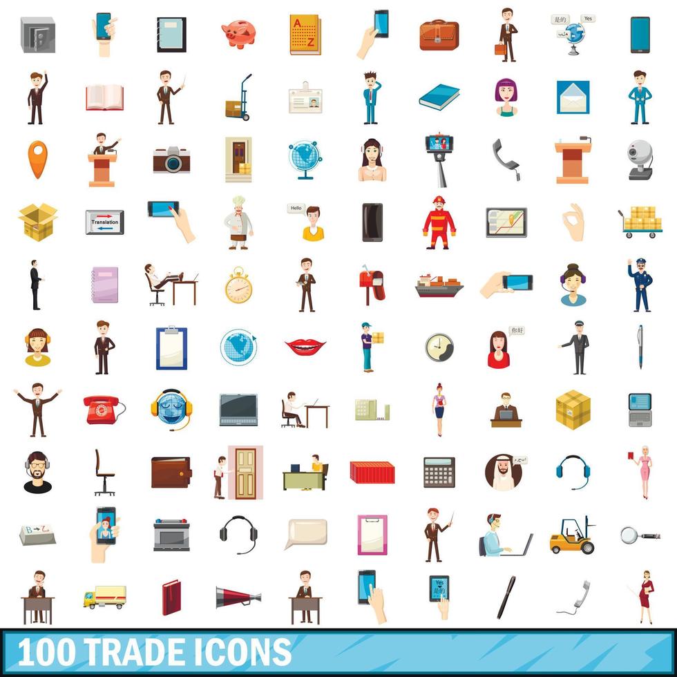 100trade icons set, cartoon style vector