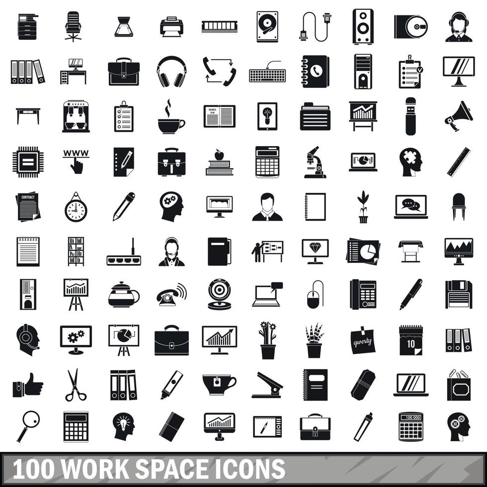 100 work space icons set, simple style vector