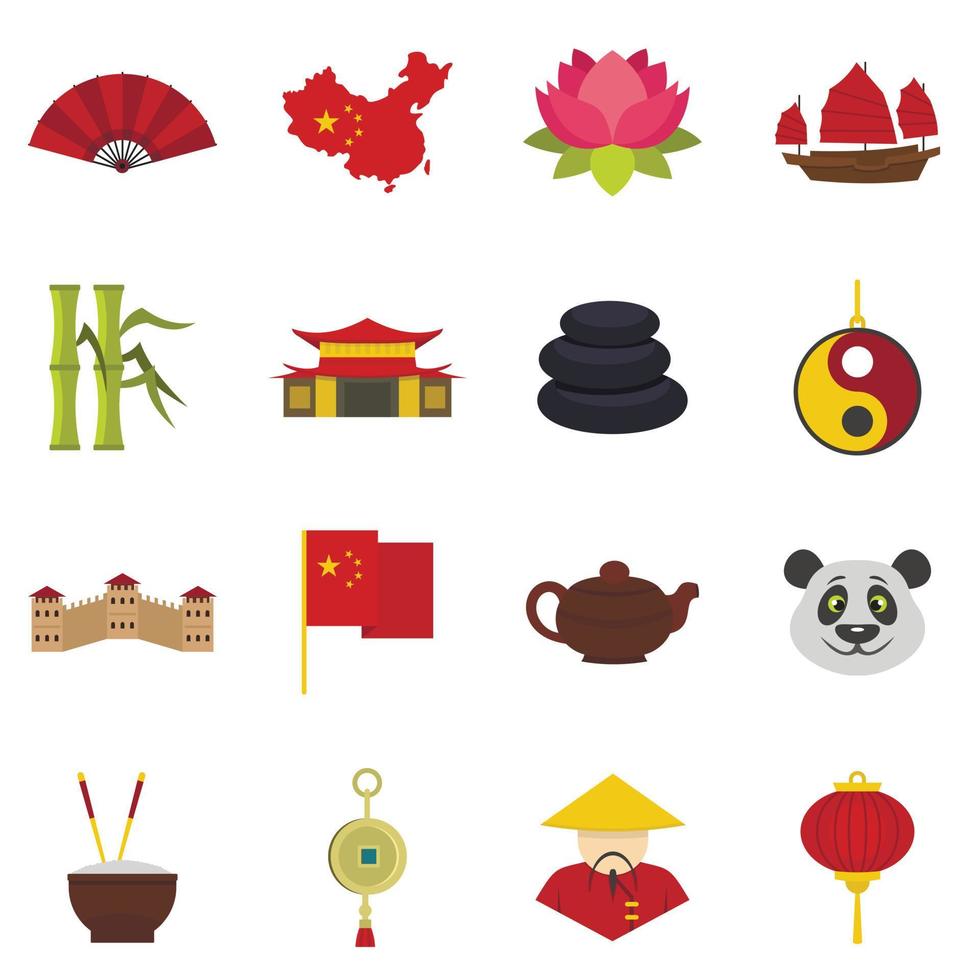 iconos de símbolos de viaje de china establecidos en estilo plano vector