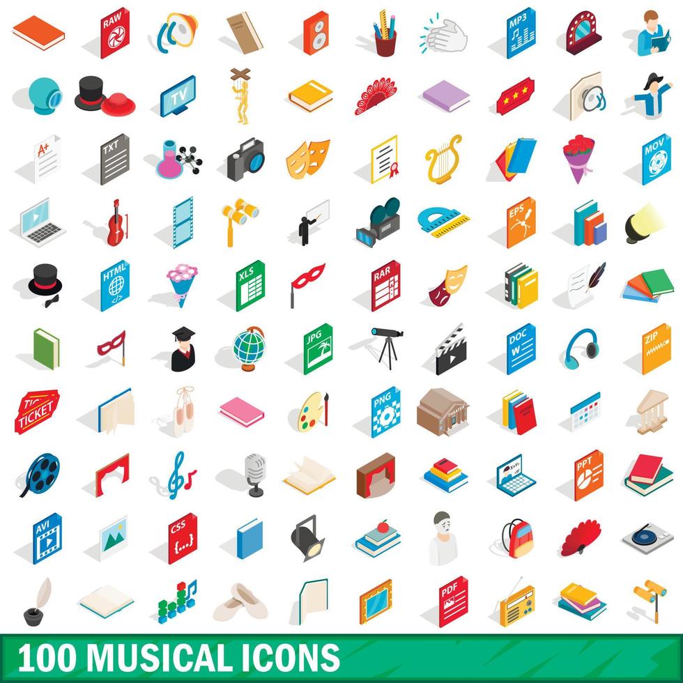 100 iconos musicales, estilo isométrico 3d vector