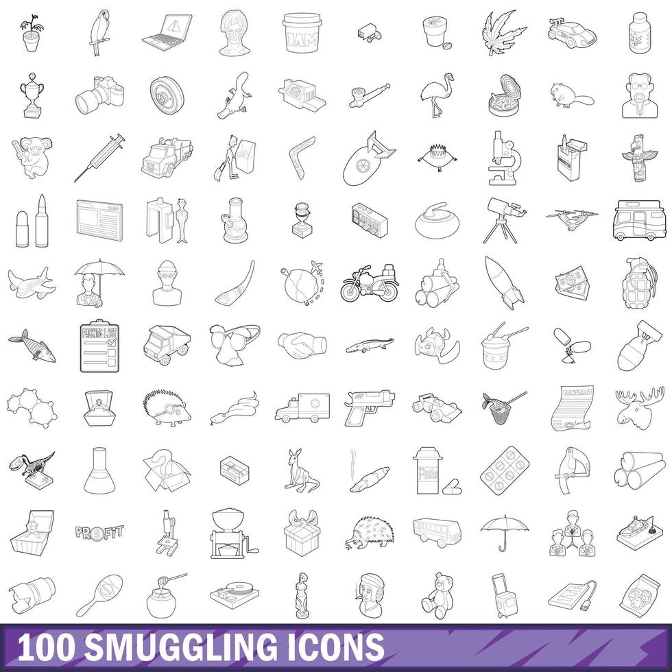 100 smuggling icons set, outline style vector