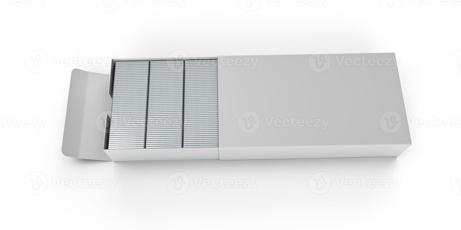 Staples pins and Staple box empty isolated white background 3d illustration photo