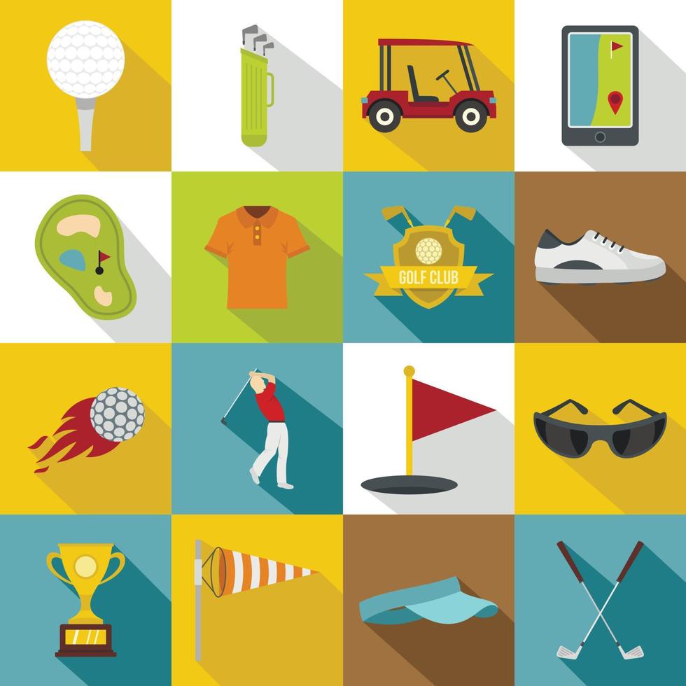conjunto de iconos de artículos de golf, estilo plano vector