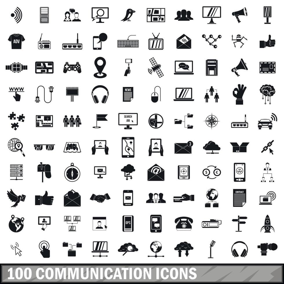 100 communication icons set, simple style vector