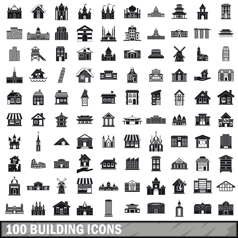 100 building icons set, simple style vector