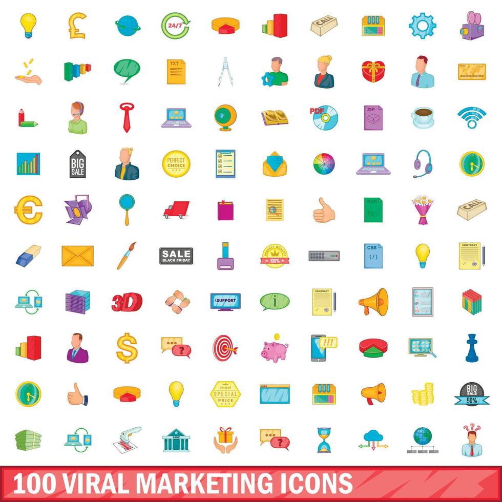 100 iconos de marketing viral, estilo de dibujos animados vector