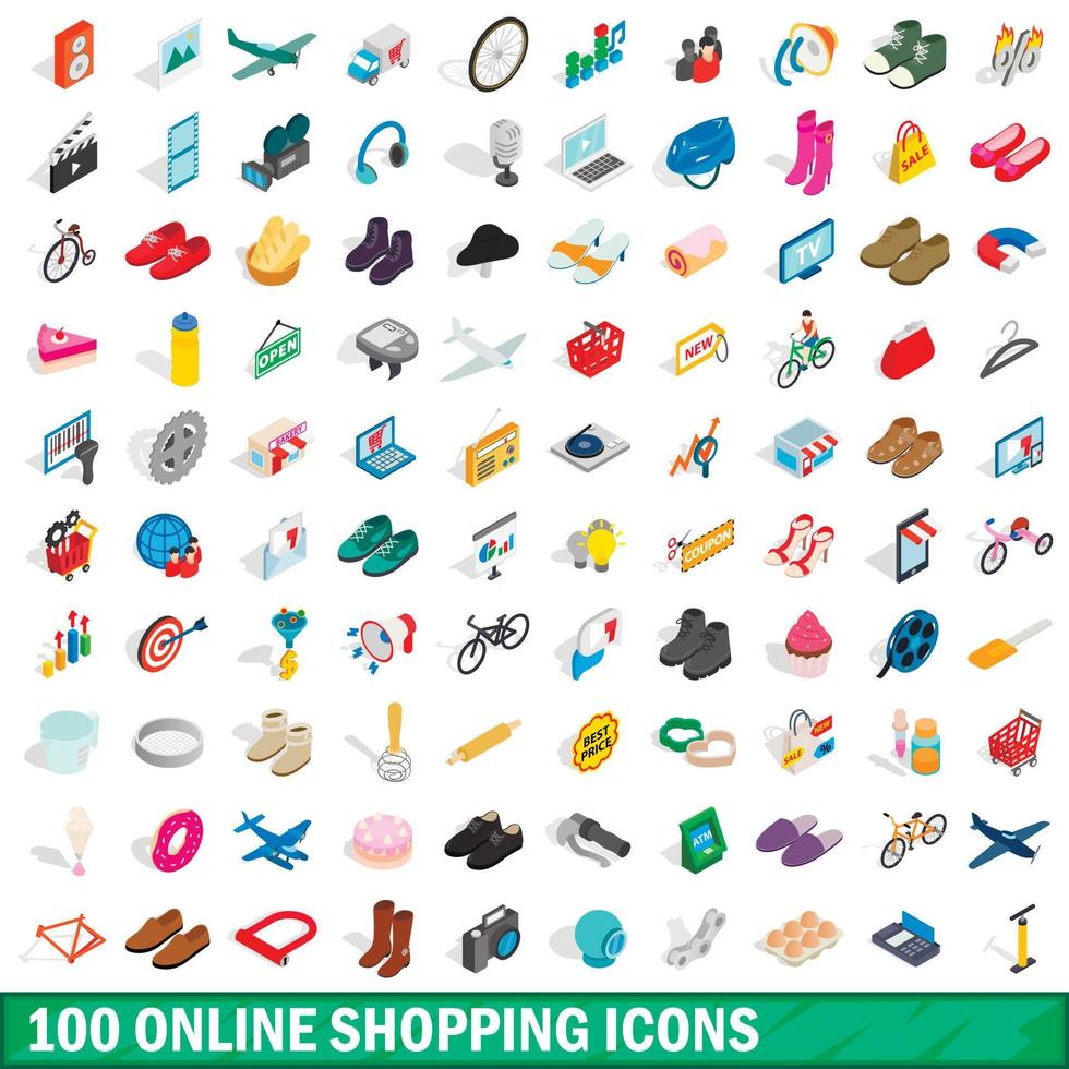 100 online shopping icons set, isometric 3d style vector