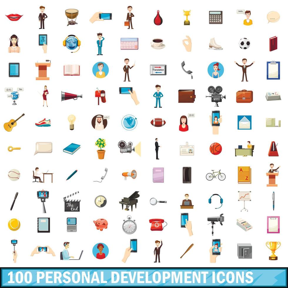 100 iconos de desarrollo personal, estilo de dibujos animados vector