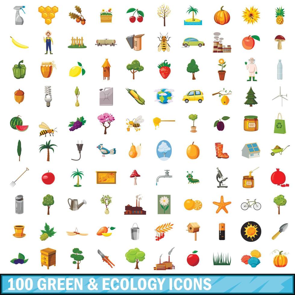 100 green ecology icons set, cartoon style vector