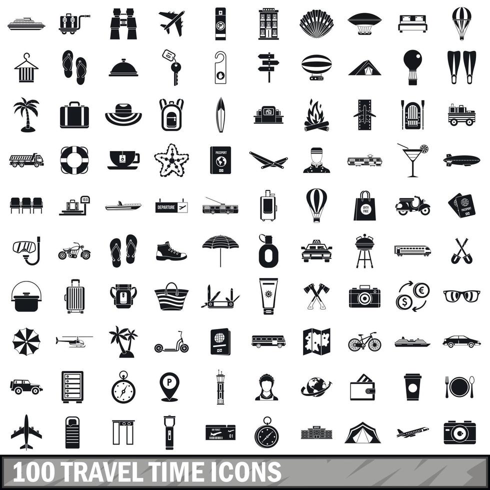 100 travel time icons set, simple style vector