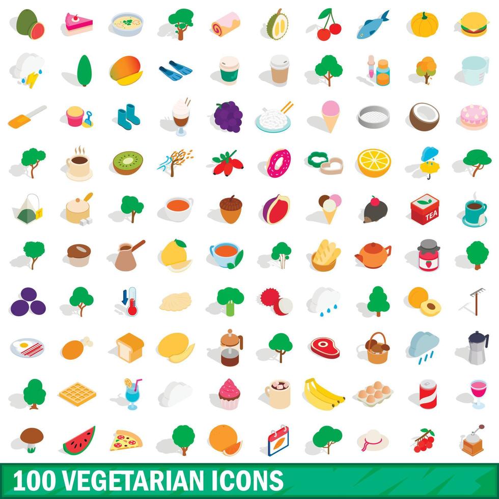 100 vegetarian icons set, isometric 3d style vector