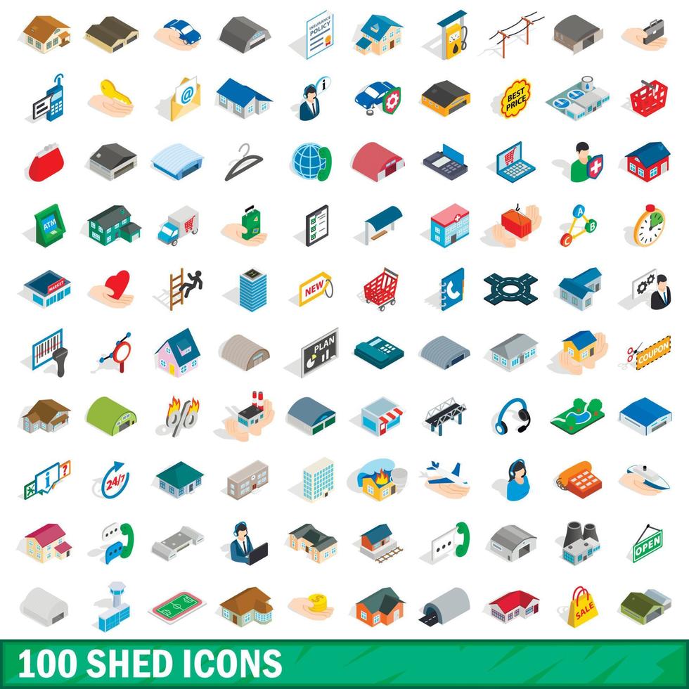 100 shed icons set, isometric 3d style vector