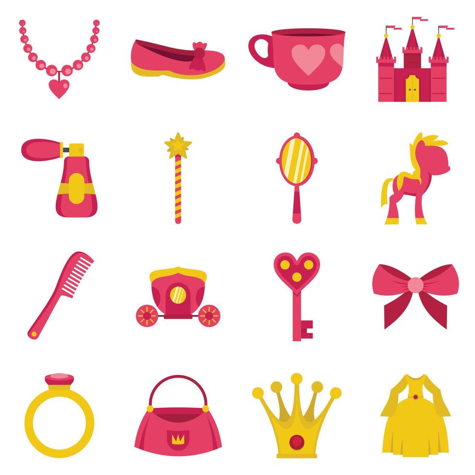 Doll princess items icons set in flat style vector