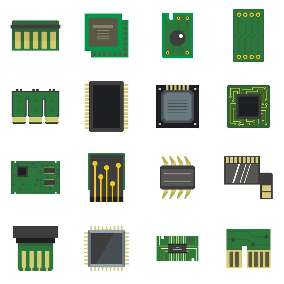 iconos de chips de computadora establecidos en estilo plano vector